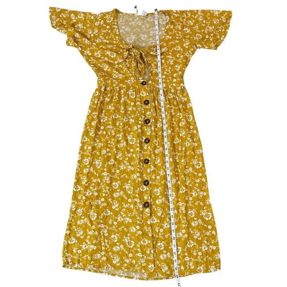 Mimi Chica Yellow Floral Tie Front Button Midi Dress Bell Sleeve Boho Sz Medium - Picture 5 of 8